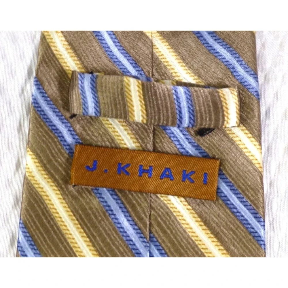 J. Khaki Mens 100% Silk Tie Brown & Blue Striped Pattern